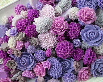 10 Piece Purple Mix Flower Cabochons Grab Bag 10pc Roses Mums (DESTASH SALE)