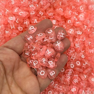 50 Translucent 12mm Hot Pink Resin Heart Alphabet Beads, Acrylic Plastic Clear Letter Mix, Diy Kids Beading Supplies J108