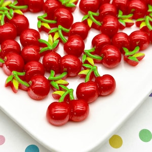 10 Small Flatbacked 20mm Red Cherry Resin Cabochons, Flat Backed Acrylic Plastic Fruit Cabs, Cute Cherries 1162
