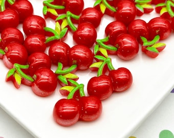 10 pequeños cabujones de resina de cereza roja de 20 mm con base plana, cabujones de fruta de plástico acrílico con base plana, cerezas lindas 1162