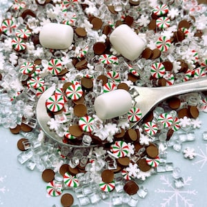 Candy Cane Hot Chocolate Sprinkle Mix w/ 3 Faux Marshmallows, 30 grams, Polymer Clay Fake Sprinkles, Decoden Jimmies V115