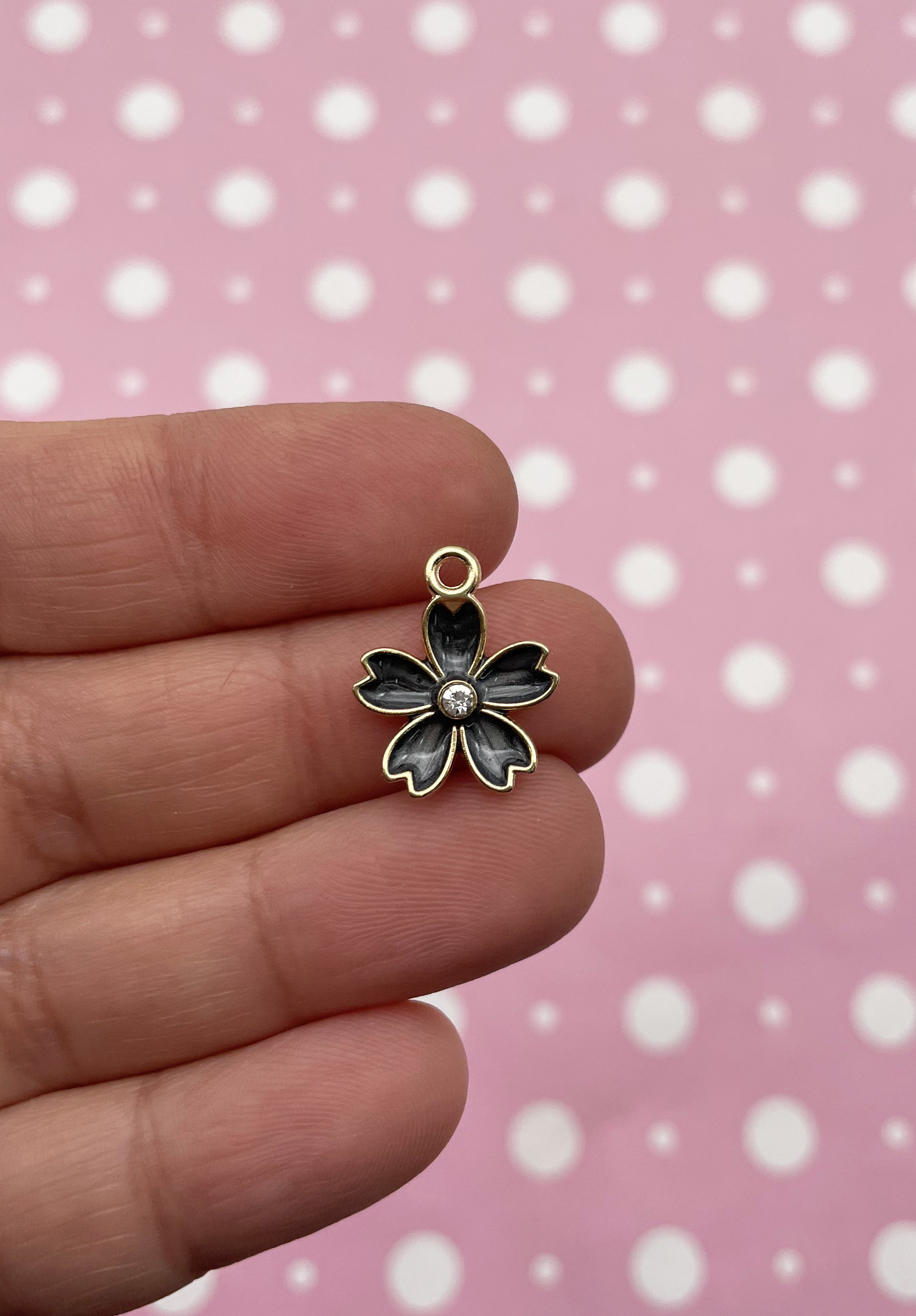 8 Dark Grey Black Enamel Rhinestone Cherry Blossom Sakura Flower
