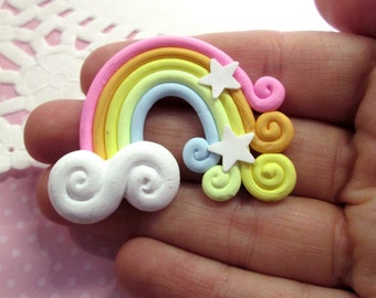 Two Pastel Flatbacked Polymer Clay Rainbow Cabochon, 50mm Flat Backed Fimo Cabs, 446