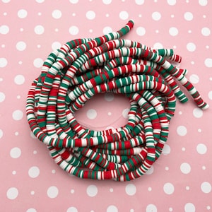 Christmas Red Green and White 6mm Polymer Clay Heishi Disk Beads, One Strand Fimo Beading Supply, H384