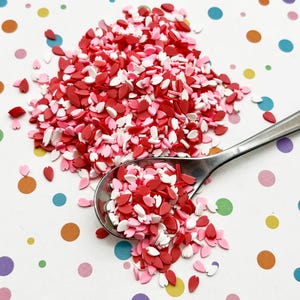 May include: A pile of small, petal-shaped sprinkles in shades of red, pink, and white. A silver metal spoon rests in the center, filled with a portion of the colorful, heart-like confetti pieces, while others are scattered around the base.