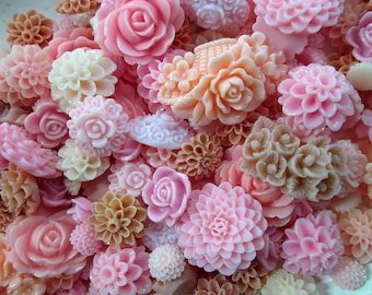20 Piece Pink Mix Flower Cabochons Grab Bag 20pc Roses Mums (DESTASH SALE)