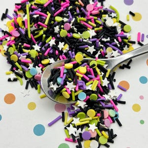 SUGAR SKULL, Black, Bright Colorful Rounds + White Star Halloween Polymer Clay Sprinkles, Fimo Fake Bake Kids Slime Supply V225