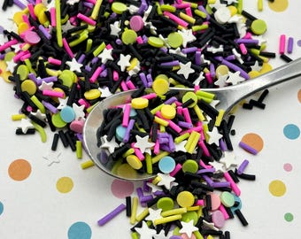 SUGAR SKULL, Black, Bright Colorful Rounds + White Star Halloween Polymer Clay Sprinkles, Fimo Fake Bake Kids Slime Supply V225