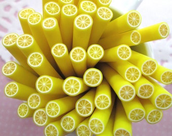 10 Lemon Polymer Clay Canes Fruit Slices, 5mm x50mm Fimo Tubes f292