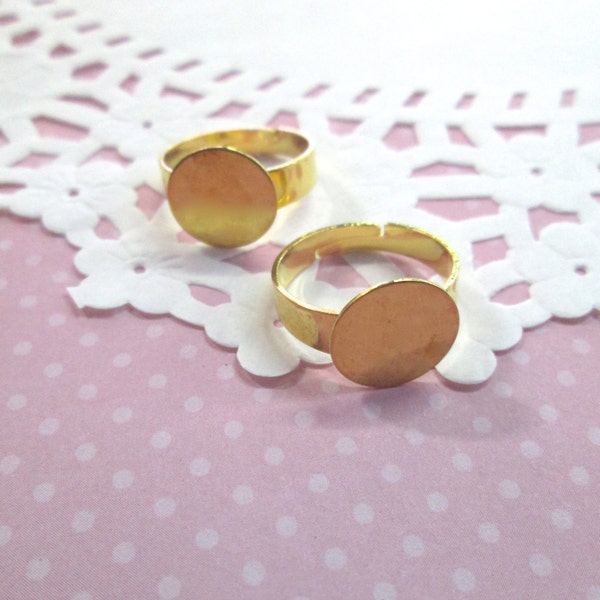 5 Pieces 12mm Adjustable Ring Blanks, Gold Plated, A63