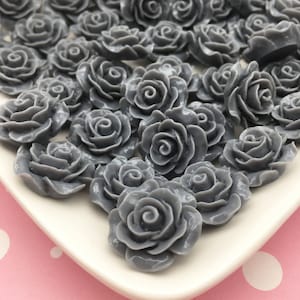 10 Grey 20mm Flatbacked Resin Rose Floral Cabochons, Gray Flat Backed Acrylic Plastic Floral Cabs