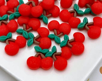 10 cabujones pequeños de resina mate de 20 mm con forma de cereza roja, cabujones de plástico acrílico con base plana para frutas 800b