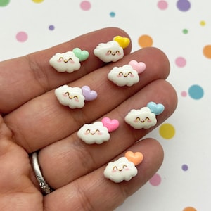 12 White Flatbacked Resin Happy Cloud with Pastel Hearts, Cute Flat Backed Acrylic Plastic Sweet Kawaii Cabs L466