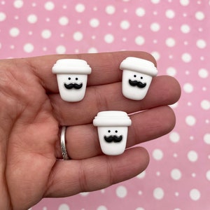 6 Adorable 20mm White Flatbacked Resin Coffee Frappuccino Cabochons With Cute Faces, To Go Flat Backed Acrylic Plastic Coffee Cabs, #385a