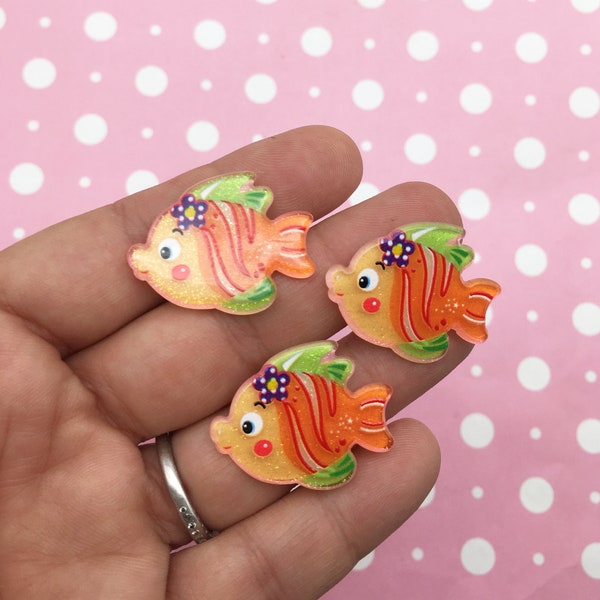 6 Resin Orange Gold Fish Cabochons, Fish Cabs, Flat-backed Cabochons, #519b