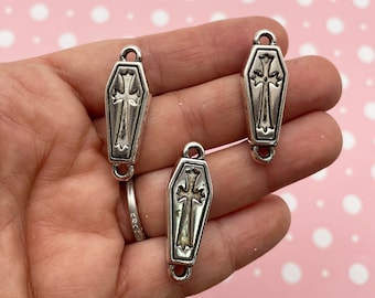 4 Double Sided Lightweight Silver Plated Plastic Coffin Connector Charms, Cute Halloween Pendant Connecer Coffin Casket Jewelry Findings D21