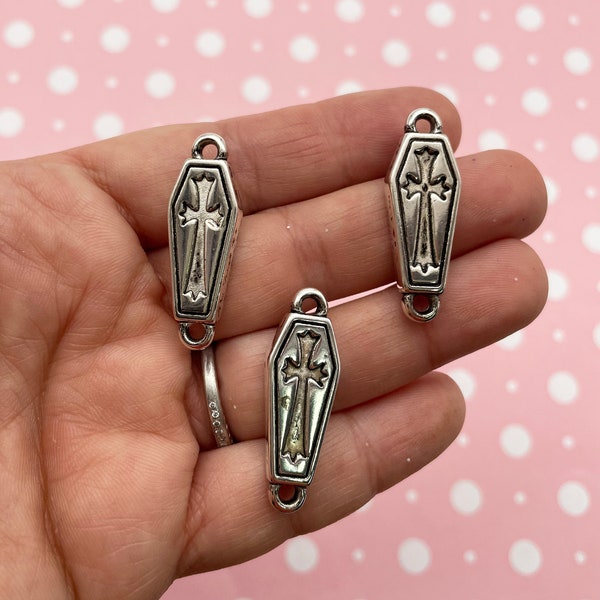 4 Double Sided Lightweight Silver Plated Plastic Coffin Connectors,  Cute  Halloween Coffin Casket Resin Jewelry Findings D21