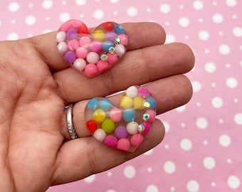 4 Multicolor Confetti Heart Cabochons, Cute Colorful Cabs, #456