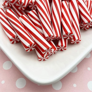3 Large Polymer Clay Red and White Peppermint Swirl Candy Cane Sticks, Cute Fake Mint Fimo Sweet Candies, 293b