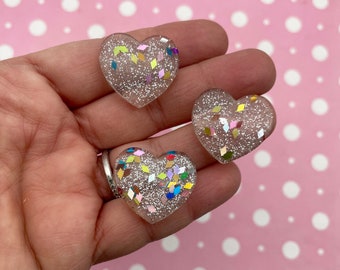 6 Glitter Resin Heart Cabochons, Heart Cabochons, Cute Bling Cabs, Valentines Day Cabochons,  #1543