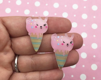 5 Pink Bunny Rabbit Pastel IceCream Cone Flatbacked Cabochons, Kawaii Decoden Ice Cream Cabs, Flat Backed Popsicle  #751a