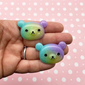 3 Multicolor Flatbacked Resin Pastel Glitter Bear Cabochons, 38mm Flat Backed Glittery Acrylic Plastic Purple Green Blue Pastel Cabs 461