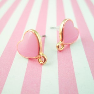 1 Pair Gold Plated Pink Enamel Heart connecter earring posts with charm loop, pink heart ear stud connector findings F410