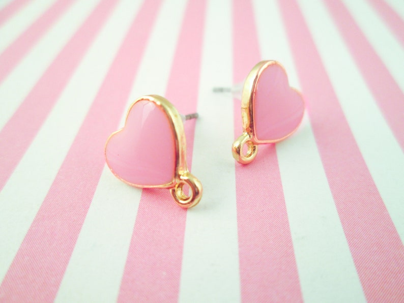 1 Pair Gold Plated Pink Enamel Heart connecter earring posts with charm loop, pink heart ear stud connector findings F410 image 1