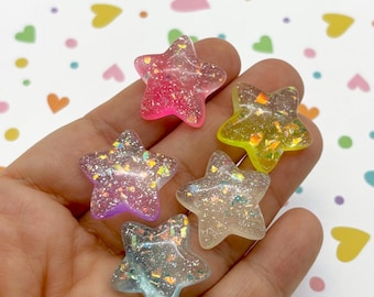 6 Assorted Glitter Flatbacked Resin Star Cabochons, Cute Bling Glittery Flat Backed Acrylic Plastic Cabs, 438