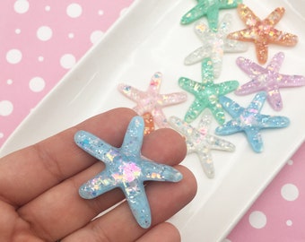 5pcs Sparkly Glitter Starfish Flatback Cabochons Embellishment Craft Charms