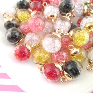 Eight 15mm Mix Set of Rhinestone Filled Glass Dome Terrarium Charm Pendants, Cute Globe Shaker Settings #1135