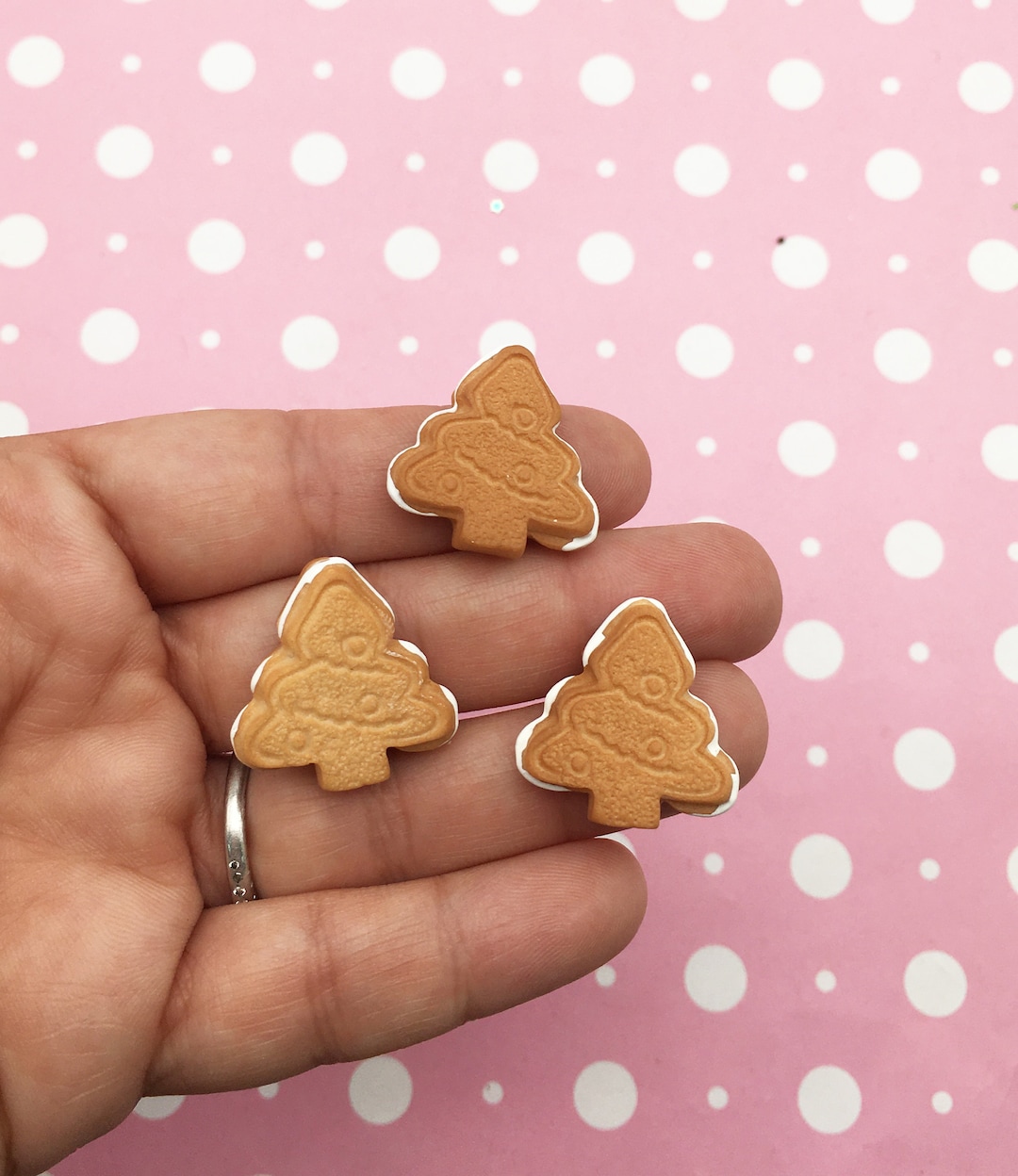 Four Christmas Tree Sandwich Cookie Cabochons, Gingerbread Xmas Cabs
