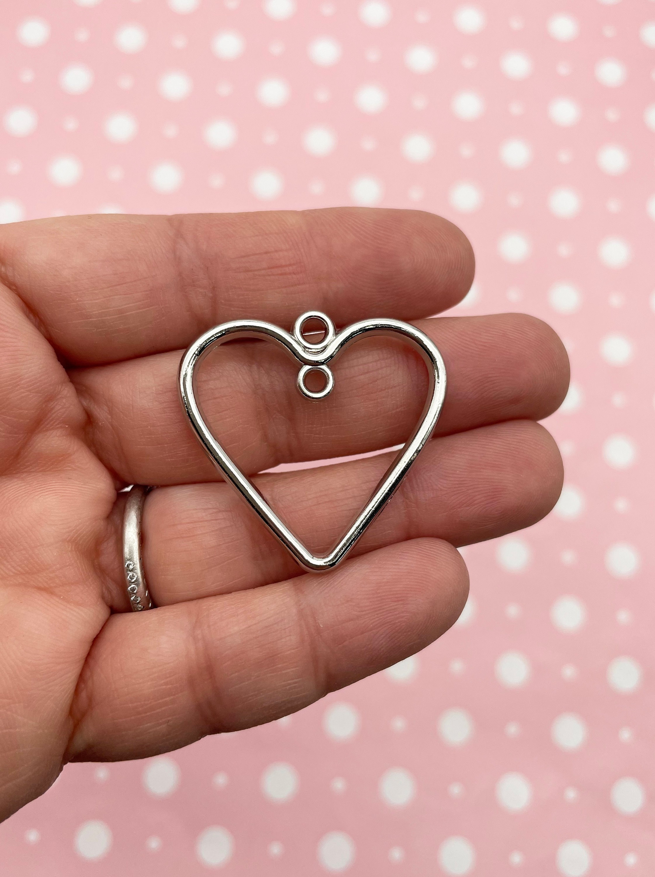 6 Silver Plated Plastic Heart Connecter Charms, 34mm Open