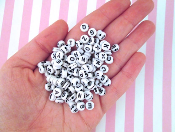 100 Pink and Black 7mm Alphabet Beads, Acrylic Pastel Pink Letter Beads J28