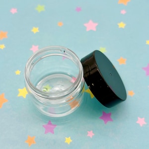 6 Straight Walled 1oz Clear PET Plastic Jars with Screw Top Black Lids