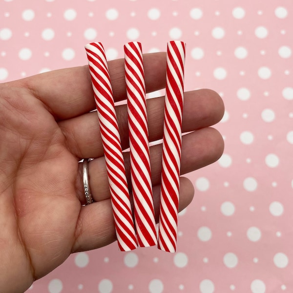 4 Huge Polymer Clay Red Peppermint Swirl Candy Cane Sticks, Cute Fake Mint Sweets, #248