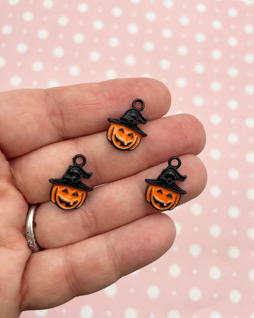 6 Black and Orange Enamel Cute Halloween Pumpkin Charms, 17mm Jack O ...