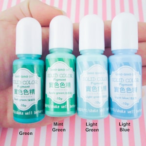 Pu&ograve; includere: Quattro piccoli flaconi di pigmento liquido nei colori verde scuro, verde menta, verde chiaro e blu chiaro. Ogni flacone ha un tappo bianco e un'etichetta che recita "Pigmento colore solido" in inglese e cinese. Le etichette elencano anche il colore del pigmento e la quantit&agrave; in grammi.