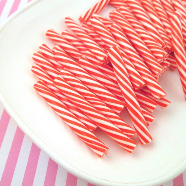 6 Polymer Clay Red Peppermint Swirl Candy Cane Sticks, Cute Fake Mint Sweets, #249