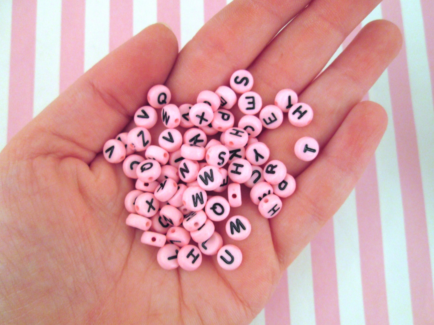 100 Pink and Black 7mm Alphabet Beads, Acrylic Pastel Pink Letter Beads J28