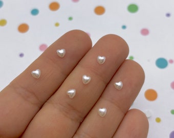 100 Tiny 4mm white Pearl Flatbacked Heart Cabochons, Cute Kawaii Flat Backed Nail Art Heart Cabs, Resin Charm Supplies L437