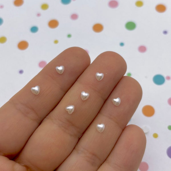 100 Tiny 4mm white Pearl Flatbacked Heart Cabochons, Cute Kawaii Flat Backed Nail Art Heart Cabs, Resin Charm Supplies L437