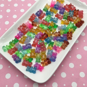 10 Multicolor Glittery 16mm Two Tone Fake Bake Candy Gummy Bear Flatbacked Cabochons, Hard Resin Flat Backed Acrylic Plastic Cabs #734