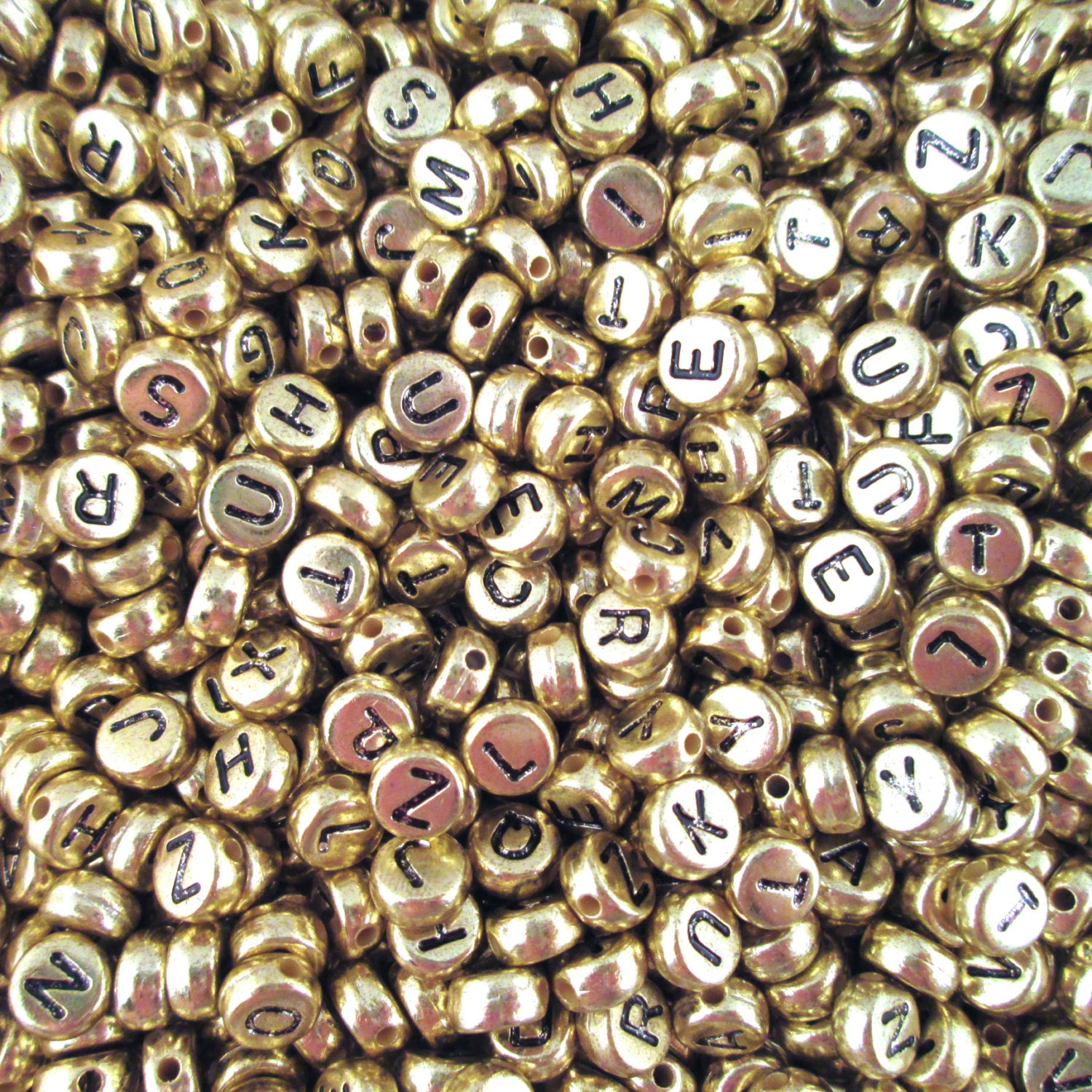 100 Gold and Black 7mm Alphabet Beads, Acrylic Metallic Letter Beads J6