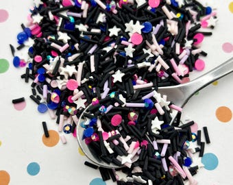 ASTERIA MIX Black with Pastel Sprinkles, Assorted Rhinestones, and White Stars, Polymer Clay Fake Sprinkles, Decoden Funfetti Jimmies K84