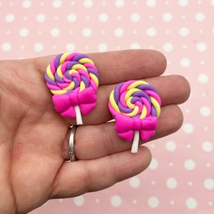 3 Colorful Polymer Clay Lollipop Flatbacked Cabochons with  bow, Fake Bake Candy Flat Backed Lollypop Cabs, 1586b