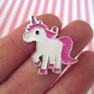 Two Silver 25mm or 1 Inch Enamel Unicorn Charms, Kawaii Hot Pink and White Pendants #554