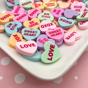 6 Multicolor Pastel Conversation Heart Resin Cabochons, Valentines Day Cabs