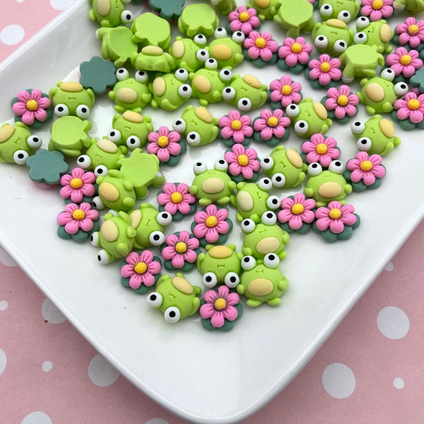 6 Resin Frog and Flower Kawaii Cabochons, 3 of Each , Cute Froggie Cabs, 574