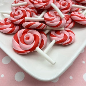 3 Pink and Red Valentine Polymer Clay Fake Bake Non Edible Lollipop Cabochons, Non Edible Fimo Candy Lollypop Cabs 1589b